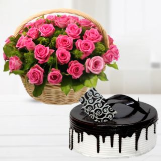 Basket of 20 pink roses with chocolate vanilla cool cake 