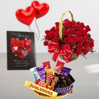 basket of 20 red roses, valentine day card, 2 heart shape balloons with basket of assorted chocolates 