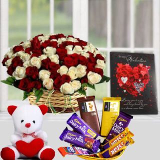 Basket of 40 red and white roses, basket of assorted chocolates, 6 inch white teddybear, greeting card