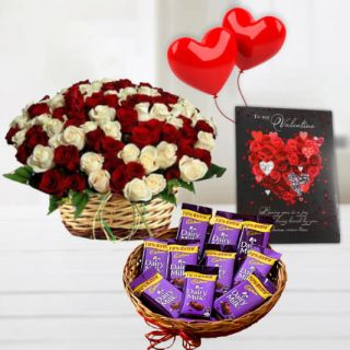 Basket of 40 red and white roses, basket of dairy milk chocolates, valentine day card, 2 heart shape balloons 