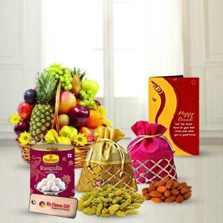 Basket of seasonal mix fruits, Rasgulla, half kg Almond and Raisins potlis with diwali greeting card 