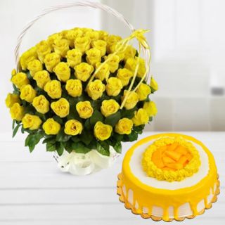 Basket of 50 yellow roses with fresh cream mango cool cake 