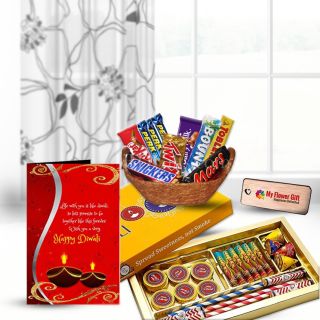 Basket of Assorted chocolates, Gift box of crackers with Diwali greeting card 