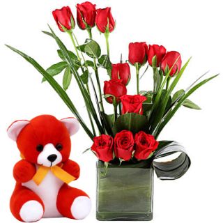 Arrangement of 20 Beautiful Red Roses with 6 inch teddy