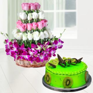 Beautiful Basket arrangement of 10 purple orchids with 25 pink and white roses with premium quality kiwi cake 