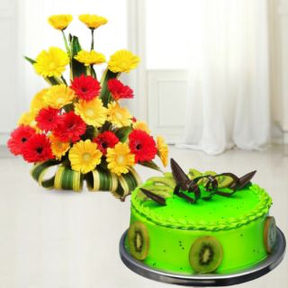 Beautiful basket arrangement of 20 red and yellow gerberas with kiwi cool cake 