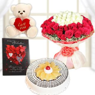 Beautiful big bunch of 100 red and white roses, 1 kg pineapple cake, 1 feet height teddybear, valentine card