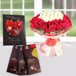 Beautiful Big bunch of 50 red and white roses, 3 bournville dark chocolates, valentine greeting card 
