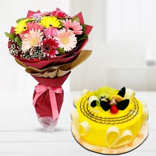 Beautiful Bouquet of 10 mix colour gerberas with premium pineapple cool cake 