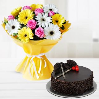 Beautiful bouquet of 15 mix flowers with choco chips cool cake 