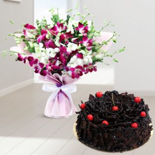 Beautiful Bouquet of purple and white orchids with chocolate fantasy cake 