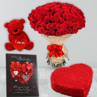Beautiful Buch of 100 red roses, 1 kg red velvet heart shape cake, 1 feet height red teddybear, valentine card 