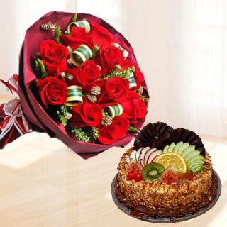 Beautiful Bunch of 12 red roses with premium quality butterscotch fruit cake  