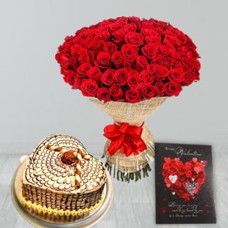 Beautiful Bunch of 40 red roses, 1 kg heart shape butterscotch premium quality cake, with valentine greeting card 