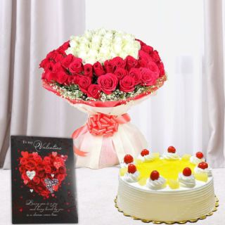 Beautiful Bunch of 50 red and white roses, 1 kg pineapple cake , valentine Greeting card 
