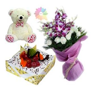 Beautiful bunch of lavender orchids & white roses with 1 feet height teddybear, pineapple fresh cream cake with exotic fruits topping 