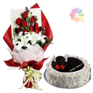 Beautiful bunch of white lilies arranged with fresh red roses with 1 pound chocovanilla cake