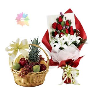 Beautiful bunch of white lilies with red roses with 3 kg mix fruit basket 