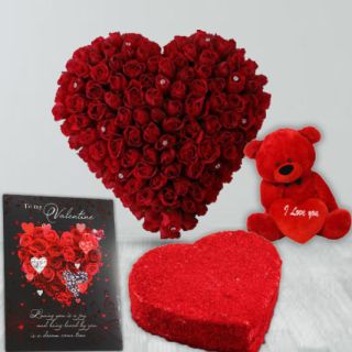 Beautiful heart shape arrangement of 50 red roses, 1 kg heart shape red velvet cake, valentine card