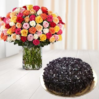 Beautiful vase arrangement of 100 mix colour roses with chocolate fantasy cool cake 