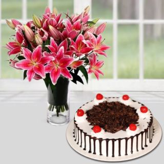Beautiful vase of 10 pink asiatic lilies with black forest cool cake 