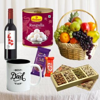 Bottle of red wine, 2 kg assorted frutis, 1 kg rasgulla, 250 grams assorted dryfruits box , photo mug, with set of 2 chocolates 