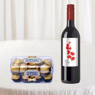 Bottle of red wine with box of 16 pcs rocher ferrero chocolates 