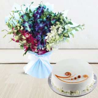 Bouquet of 10 mix colour orchids with vanilla cool cake 