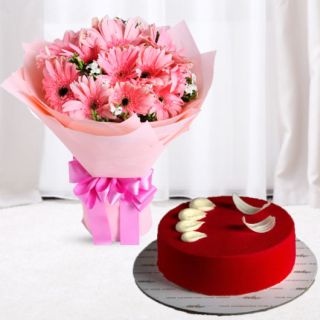 Bouquet of 10 pink gerberas with red velvet cool cake 