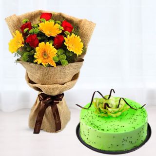 Bouquet of gerberas & roses with  kiwi cool cake 