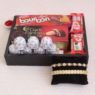 box of dark chocolate fantasy biscuits, boubon biscuits, , 4 kikat chocolates with set of 2 rakhis 