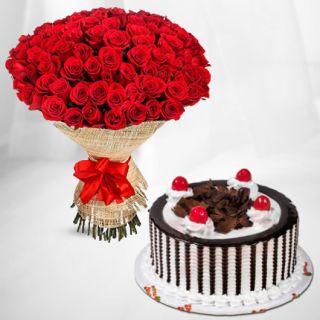 Bunch of 100 red roses with black forest cool cake 
