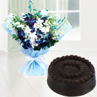 Bunch of 10 blue and white orchids with chocolate cake 