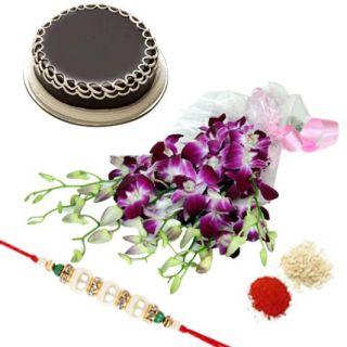Bunch of 10 lavender orchids with 1 kg chocolate cake with 1 rakhi and roli chawal