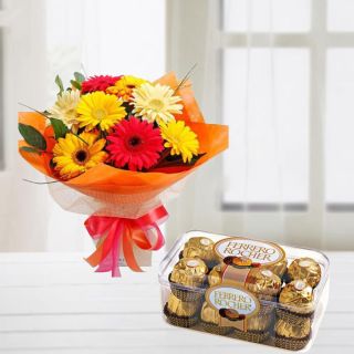 Bunch of 10 mix colour gerberas with box of 16 pcs rocher ferrero chocolates 