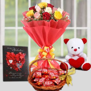Bunch of 10 mix colour roses, 6 inch white teddy bear, basket of kit kat chocolates, valentine day card 