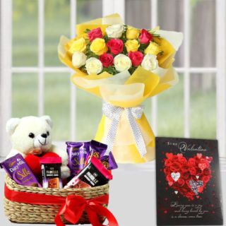 Bunch of 10 mix colour roses, teddy bear sitting in basket of assorted chocolates, valentine day card