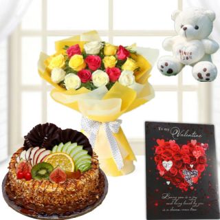 Bunch of 10 mix roses, half kg premium butterscotch fruit cake, 6 inch teddybear with valentine greeting card 