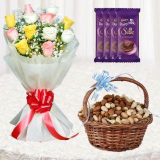 Bunch of 10 mix roses with basket of 1 kg assorted dryfruits with set of 4 dairy milk silk 