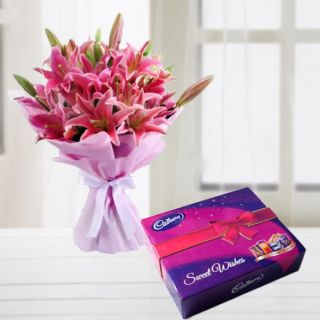 Bunch of 10 pink asiatic lilies with box of celebration chocolates 
