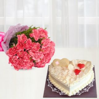 Bunch of 10 pink carnations with heart shape white forest cake 