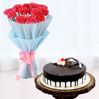 Bunch of 10 pink carnations with half kg choco vanilla cool cake 