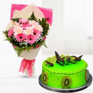 Bunch of 10 pink gerberas and carnations with  kiwi cool cake 