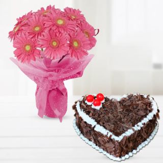 Bunch of 10 pink gerberas with heart shape black forest cake 
