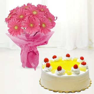 Bunch of 10 pink gerberas with pineapple cake 