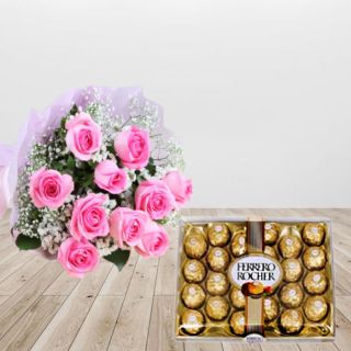 Bunch of 10 pink roses with box of 24 pcs rocher ferrero chocolates 