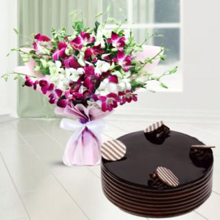 Bunch of 10 purple and white orchids with chocolate cake 