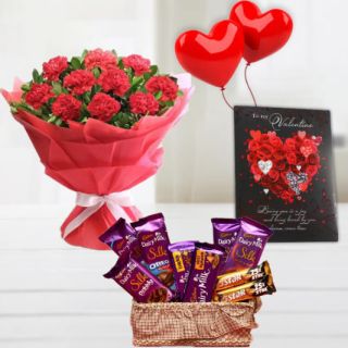 Bunch of 10 red carnations , basket of assorted cadburies&5star chocolates, valentine card with 2 heart shape balloons 