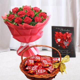 Bunch of 10 red carnations, basket of kitkat chocolates, valentine greeting card 