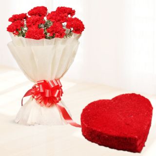 Bunch of 10 red carnations with heart shape red velvet cake 